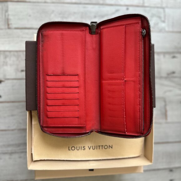 LOUIS VUITTON RED DAMIER LONG ZIPPER WALLET W BOX AND DUST BAG ETC - Picture 3 of 5